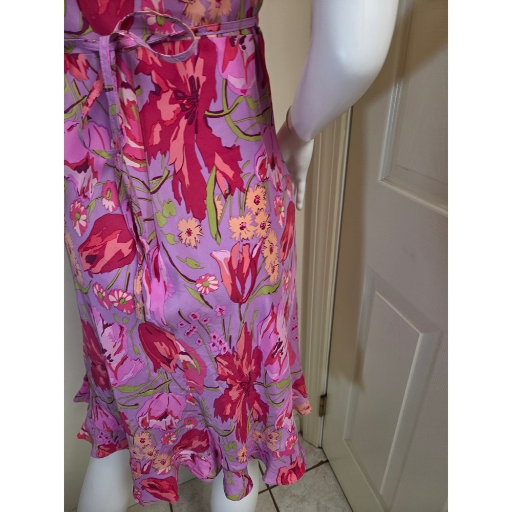 Betsey Johnson Vintage Y2K Pink Floral Silk Slip Dress Ruffle Hem Petite L - Picture 10 of 14